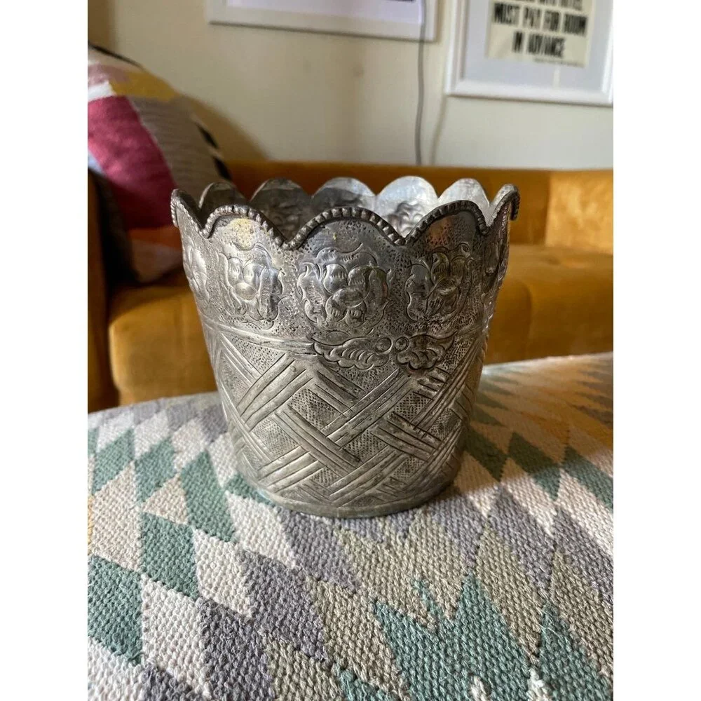 Vintage Indian 1960's Engraved Silverplate Jardiniere Planter Decorative Accent